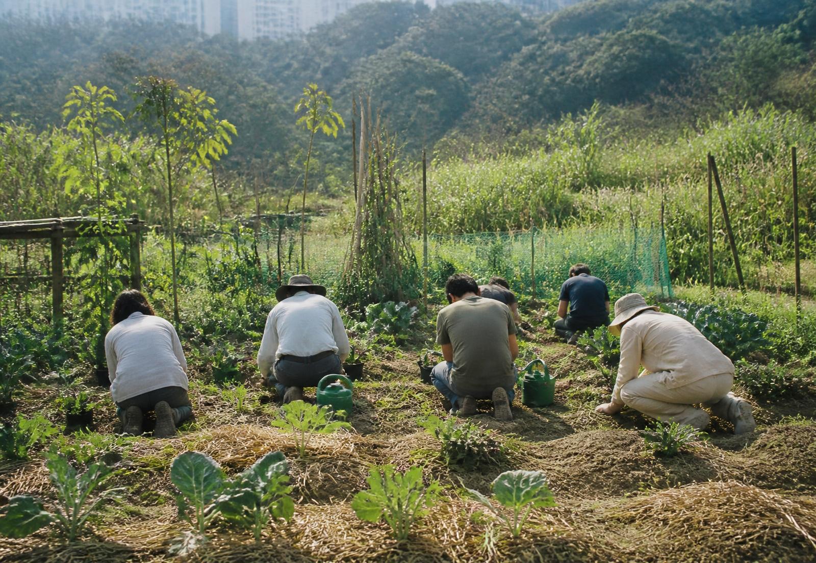 種植班學員在田邊學習育苗與翻土